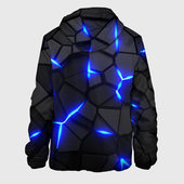 Куртка с принтом Cyberpunk 2077: броня синяя сталь для мужчины, вид сзади №1. Цвет основы: черный
