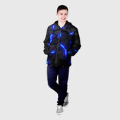 Куртка с принтом Cyberpunk 2077: броня синяя сталь для мужчины, вид на модели спереди №2. Цвет основы: черный