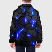 Куртка с принтом Cyberpunk 2077: броня синяя сталь для мужчины, вид на модели сзади №2. Цвет основы: черный