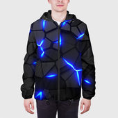 Куртка с принтом Cyberpunk 2077: броня синяя сталь для мужчины, вид на модели спереди №3. Цвет основы: черный