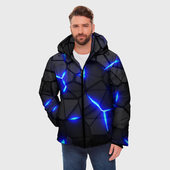 Куртка с принтом Cyberpunk 2077: броня синяя сталь для мужчины, вид на модели спереди №2. Цвет основы: черный