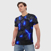 Футболка с принтом Cyberpunk 2077: броня синяя сталь для мужчины, вид на модели спереди №2. Цвет основы: белый