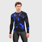 Рашгард с принтом Cyberpunk 2077: броня синяя сталь для мужчины, вид на модели спереди №2. Цвет основы: белый