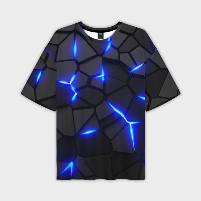 Мужская футболка оверсайз с принтом Cyberpunk 2077: броня синяя сталь, вид спереди №1