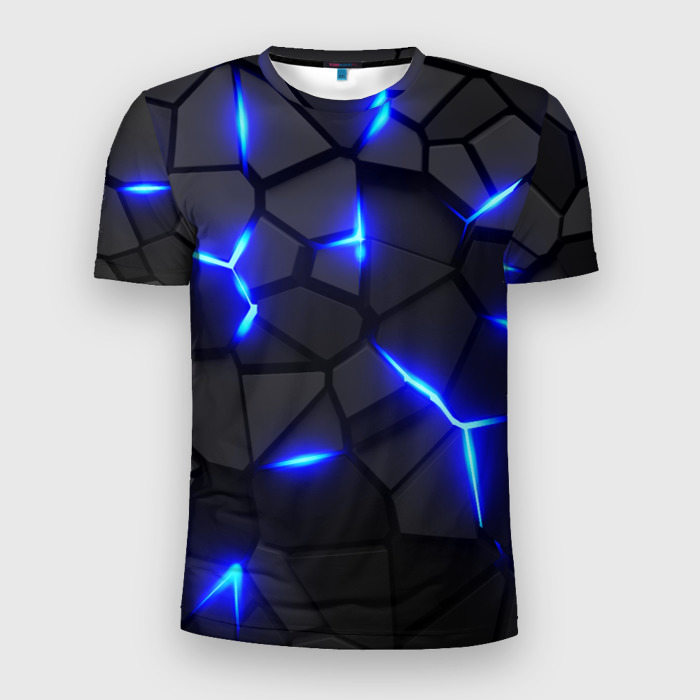 Мужская приталенная футболка с принтом Cyberpunk 2077: броня синяя сталь, вид спереди №1