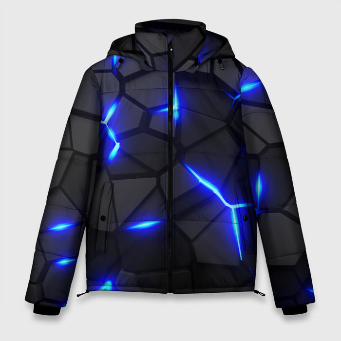 Мужская зимняя куртка с принтом Cyberpunk 2077: броня синяя сталь, вид спереди №1