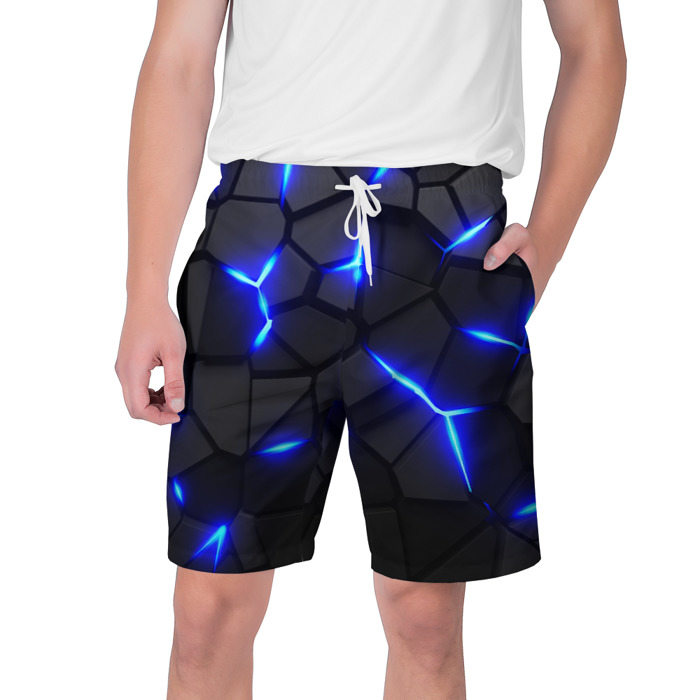 Мужские шорты с принтом Cyberpunk 2077: броня синяя сталь, вид спереди №1