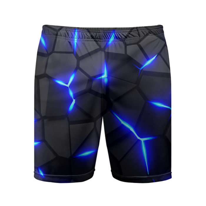 Мужские шорты спортивные с принтом Cyberpunk 2077: броня синяя сталь, вид спереди №1