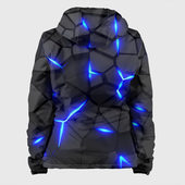 Куртка с принтом Cyberpunk 2077: броня синяя сталь для женщины, вид сзади №1. Цвет основы: черный