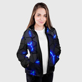 Куртка с принтом Cyberpunk 2077: броня синяя сталь для женщины, вид на модели спереди №3. Цвет основы: черный