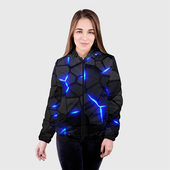 Куртка с принтом Cyberpunk 2077: броня синяя сталь для женщины, вид на модели спереди №2. Цвет основы: черный