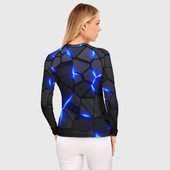 Рашгард с принтом Cyberpunk 2077: броня синяя сталь для женщины, вид на модели сзади №2. Цвет основы: белый
