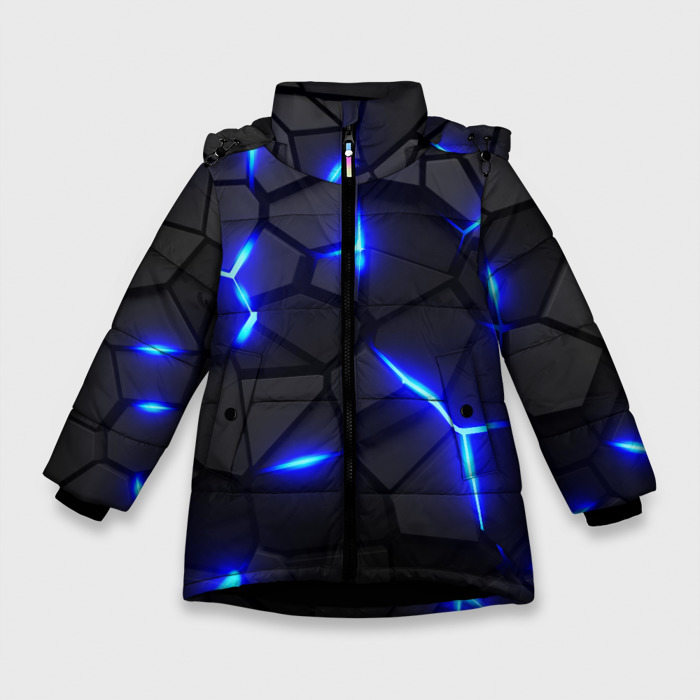 Зимняя куртка для девочек с принтом Cyberpunk 2077: броня синяя сталь, вид спереди №1