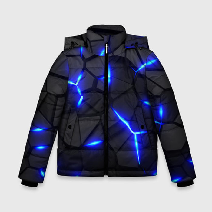 Зимняя куртка для мальчиков с принтом Cyberpunk 2077: броня синяя сталь, вид спереди №1