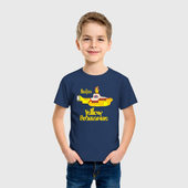 Футболка с принтом On a Yellow Submarine для ребенка, вид на модели спереди №2. Цвет основы: темно-синий